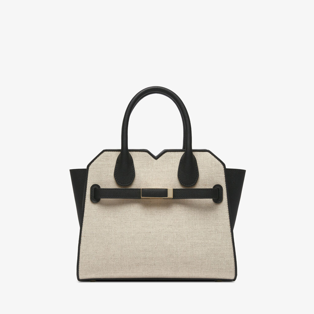 Milano Canvas Two Handles Mini Bag - Sand Brown/Black - Tessuto Canvas/Vitello Millepunte Soft - Valextra - 1