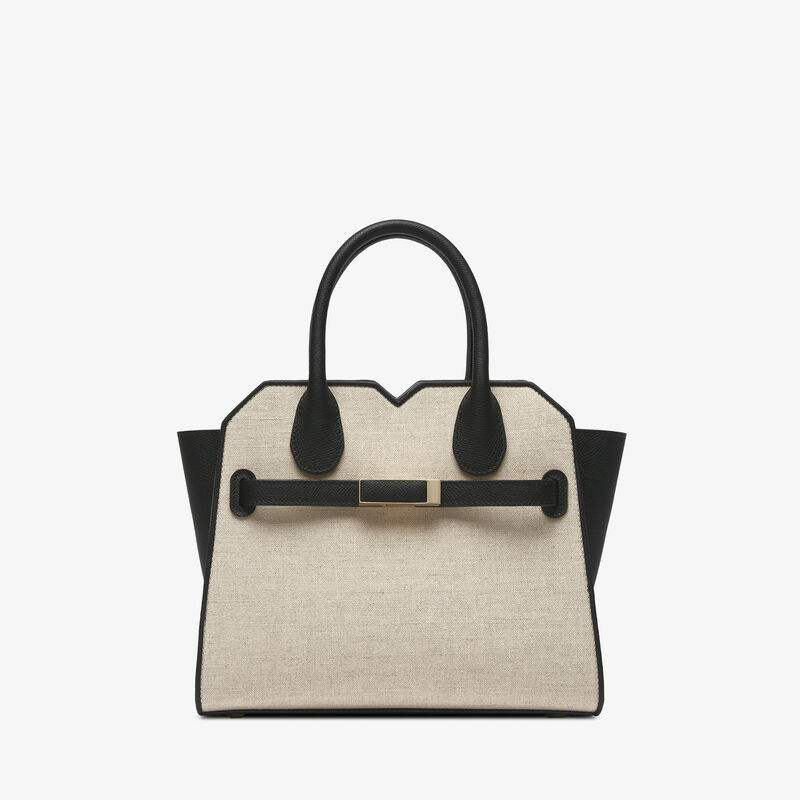 Milano Canvas Two Handles Mini Bag - Sand Brown/Black - Tessuto Canvas/Vitello Millepunte Soft - Valextra - 1