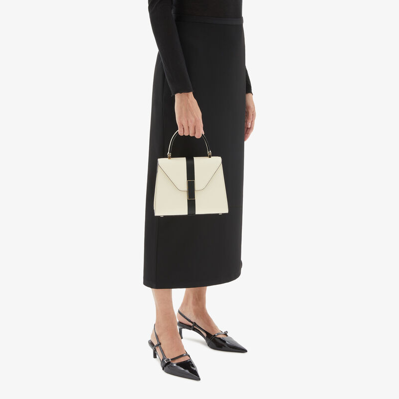 Iside Intarsia Line Top Handle Mini Bag - Pergamena White/Black - Millepunte calf leather - Valextra - 2