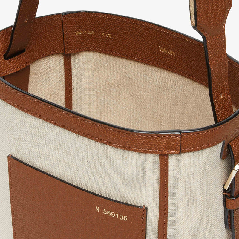 Soft Canvas Bucket Mini Bag - Sand/Chocolate Brown/Camel Brown/Cashmere Beige - Natural Canvas and calf leather - Valextra - 5