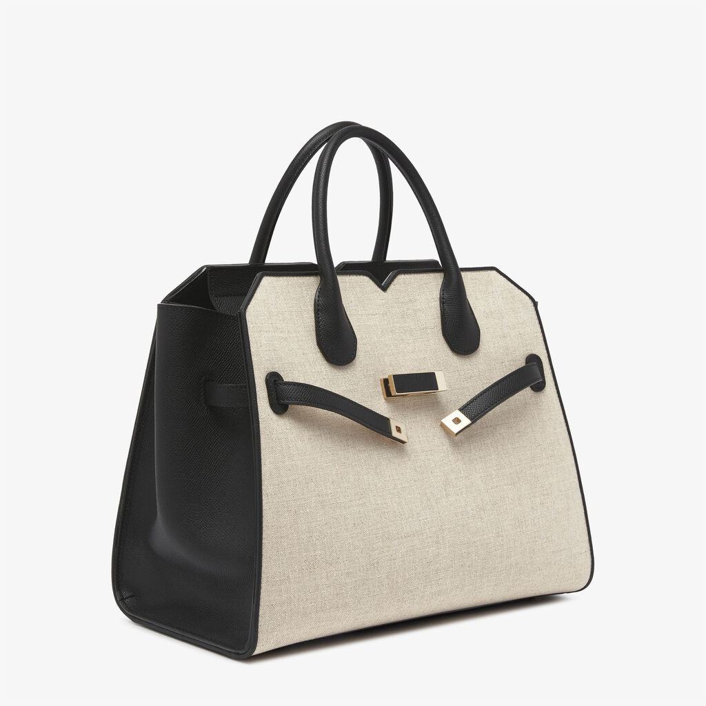 Milano Canvas Two Handles Medium Bag - Sand Brown/Black - Natural Canvas and calf leather - Valextra - 6
