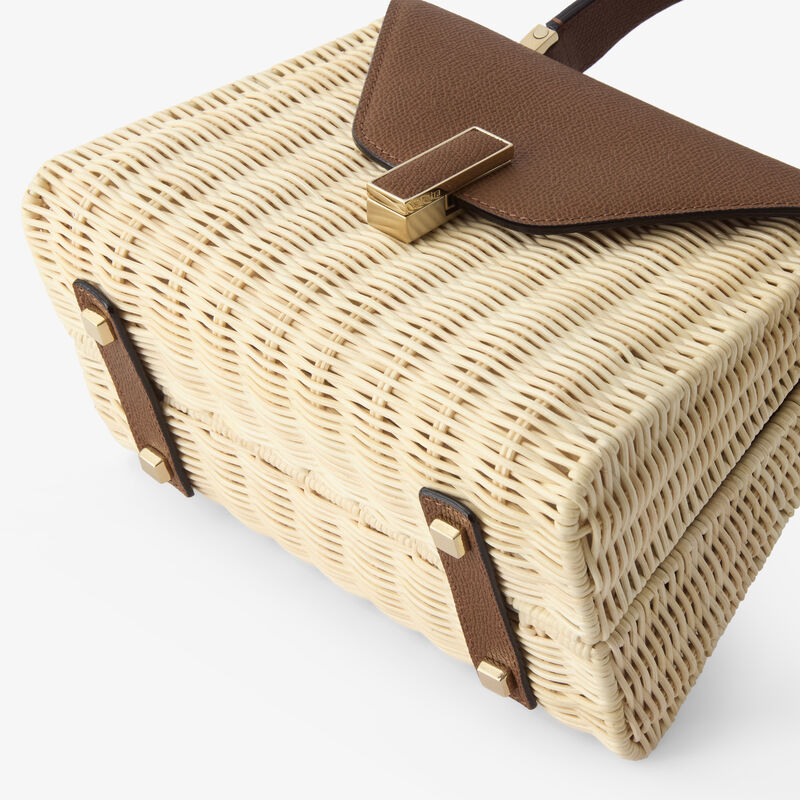 Iside Wicker Top Handle Mini Bag - Beige/Chocolate Brown - Natural wiker and Millepunte calf leather - Valextra - 4