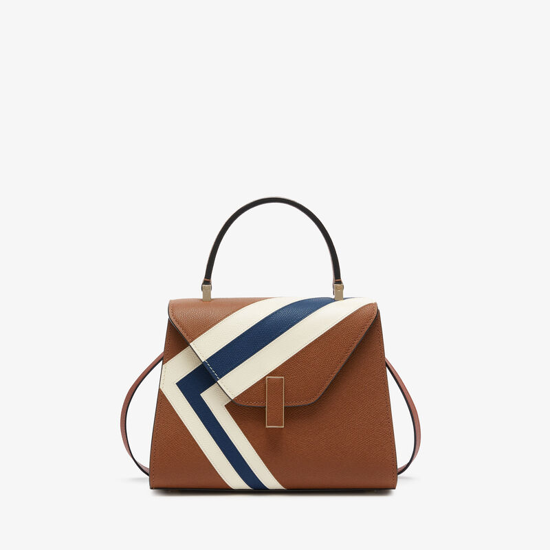 Iside Intarsia V-Stripes Top Handle Mini Bag - Chocolate Brown/Pergamena White/Sapphire Blue - Millepunte calf leather - Valextra - 1
