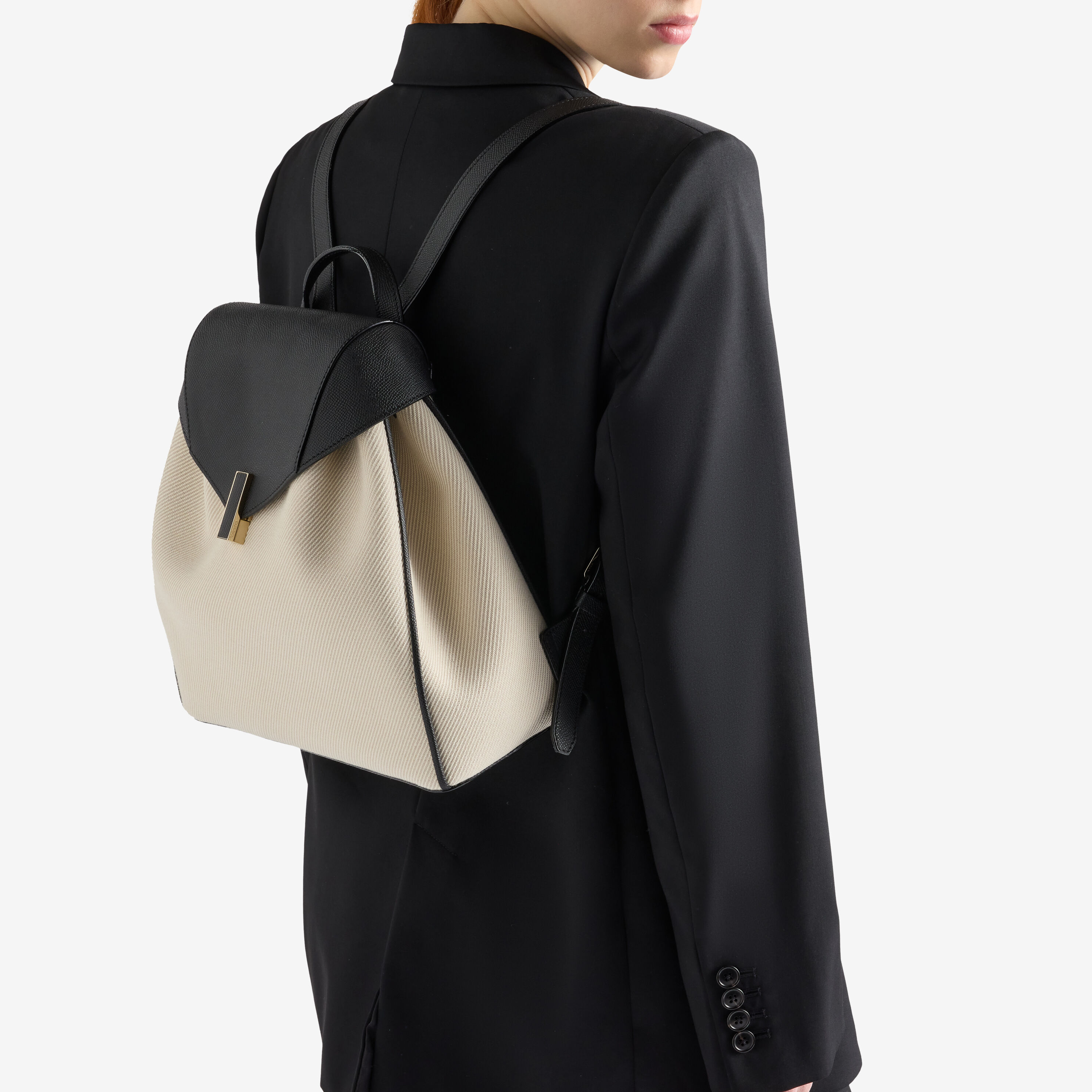 Women's Black Leather & Grey Canvas Luxury Backpack | Valextra Iside