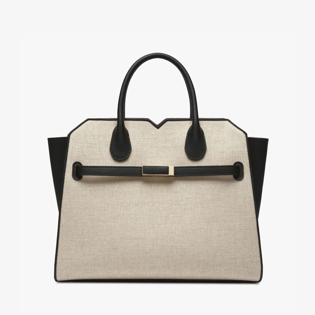 Milano Canvas Two Handles Medium Bag - Sand Brown/Black - Natural Canvas and calf leather - Valextra - 1