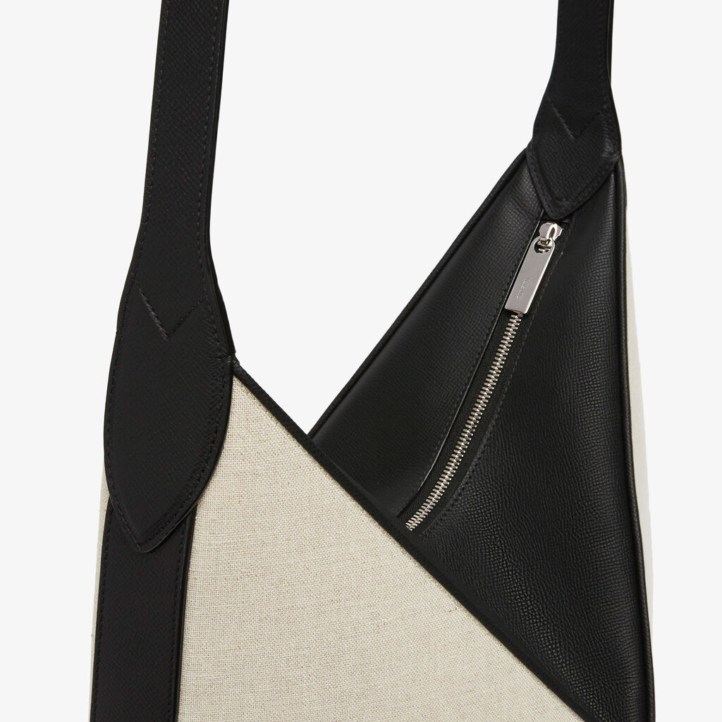 Borsa Hobo Vivi Canvas - Marrone Sabbia/Nero - Tessuto Canvas/Vitello Millepunte Soft - Valextra - 4