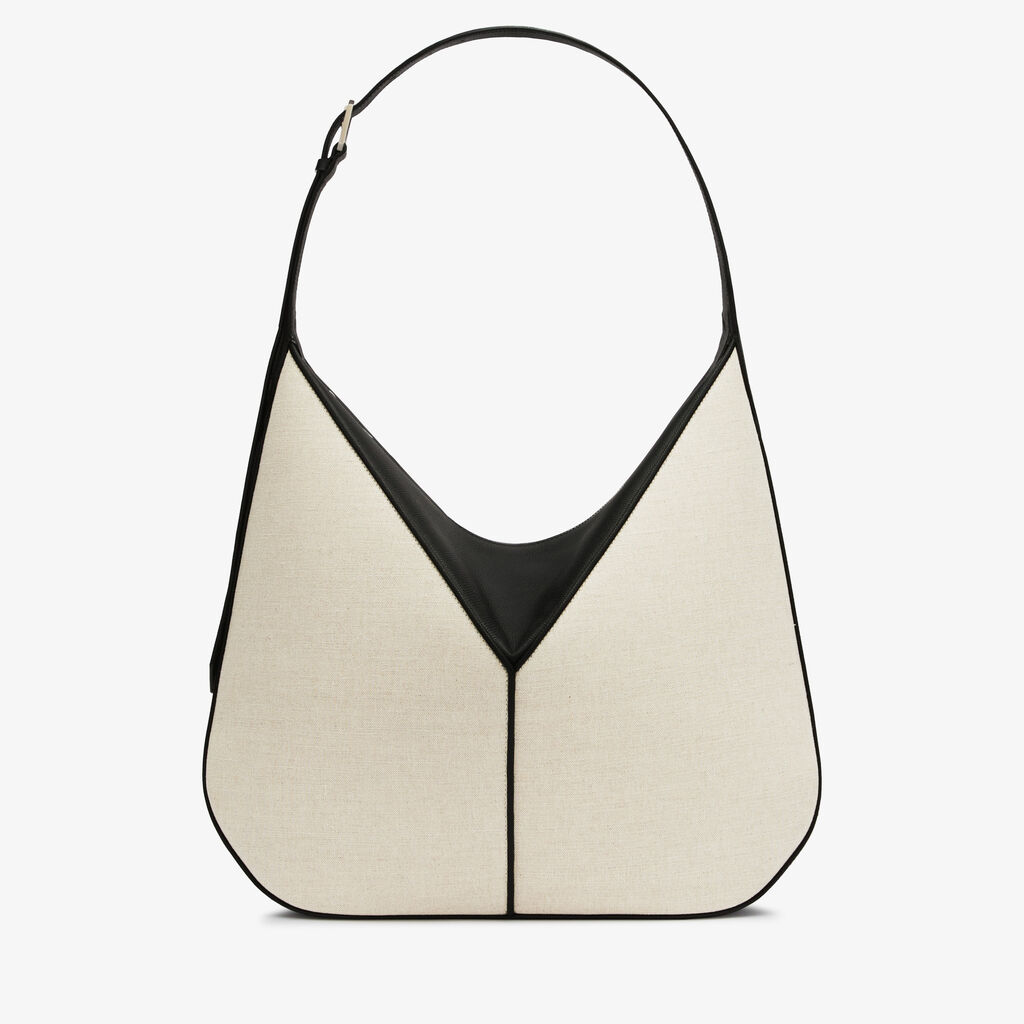 Borsa Hobo Vivi Canvas - Marrone Sabbia/Nero - Tessuto Canvas/Vitello Millepunte Soft - Valextra - 1