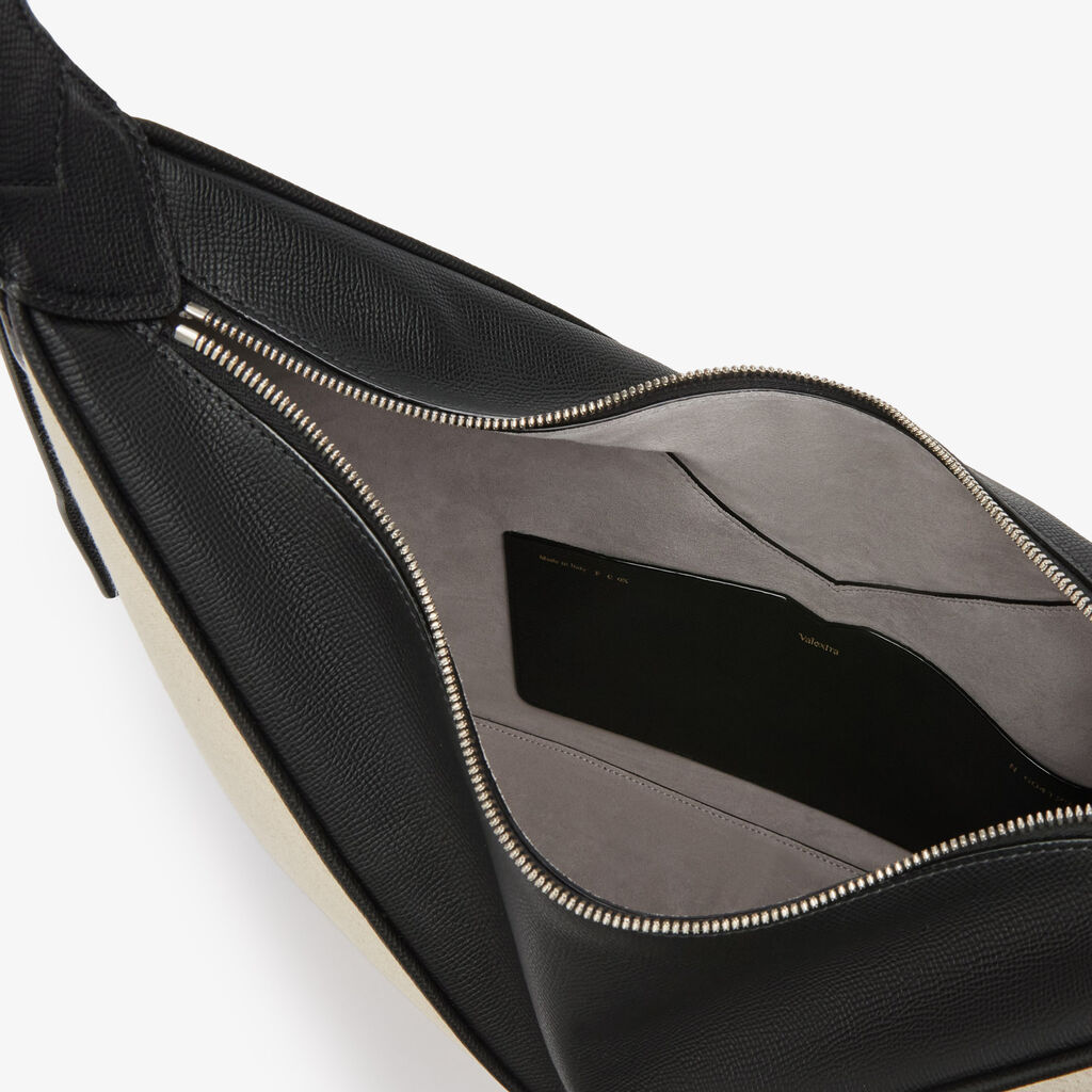 Borsa Hobo Vivi Canvas - Marrone Sabbia/Nero - Tessuto Canvas/Vitello Millepunte Soft - Valextra - 2