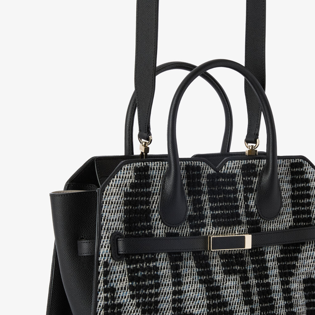 Milano Forest Pibiones Two Handles Medium Bag - Black/Grey - Pibiones  wool Fabric and Millepunte leather - Valextra - 4