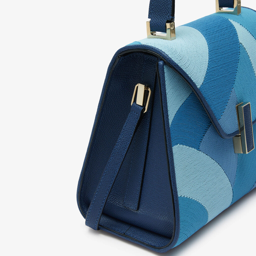 Iside Patchwork Top Handle Mini Bag - Sapphire Blue/Blue Color Mix - Canvas Ricamo Coiling/Vitello VS - Valextra - 3