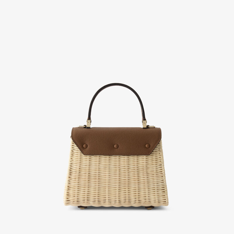 Iside Wicker Top Handle Mini Bag - Beige/Chocolate Brown - Natural wiker and Millepunte calf leather - Valextra - 5
