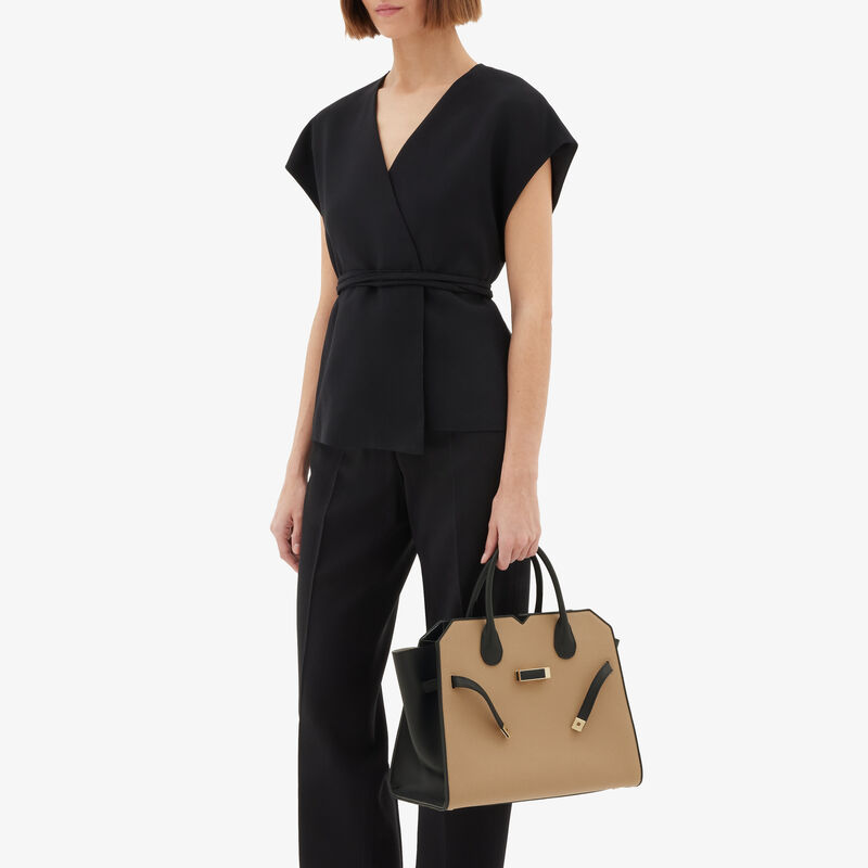 Milano Chiaroscuro Two Handles Medium Bag - Cashmere Beige/Black - Millepunte Soft calf leather - Valextra - 2