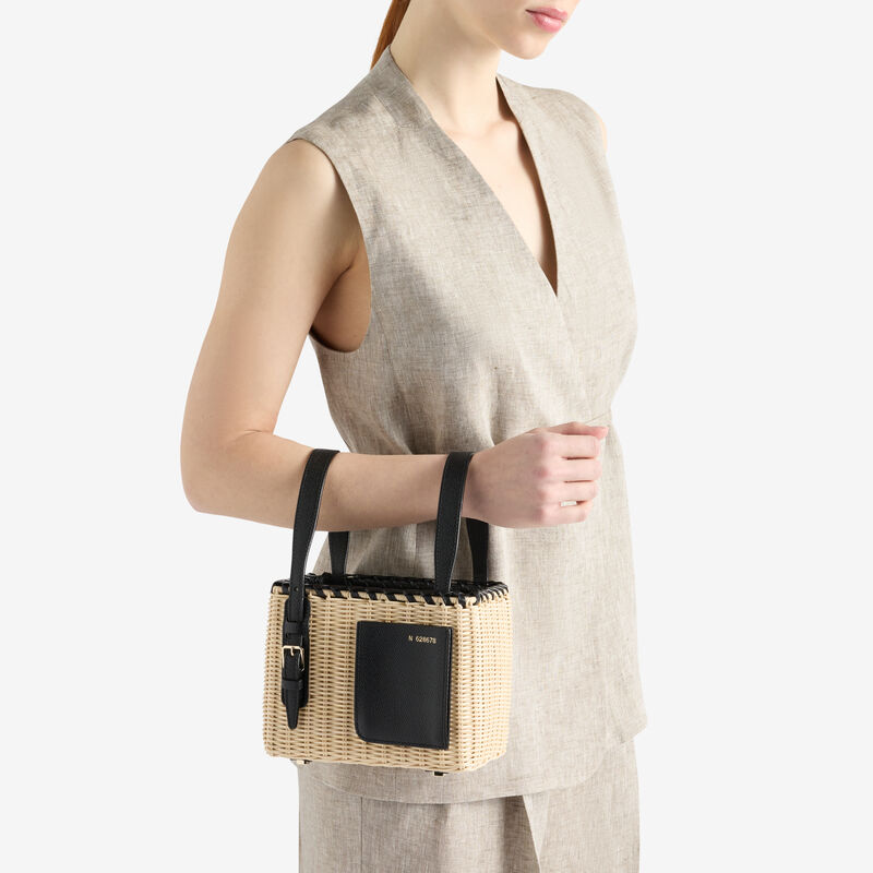 Wicker Bucket Micro Bag - Beige/Black - Natural wiker and Millepunte calf leather - Valextra - 2
