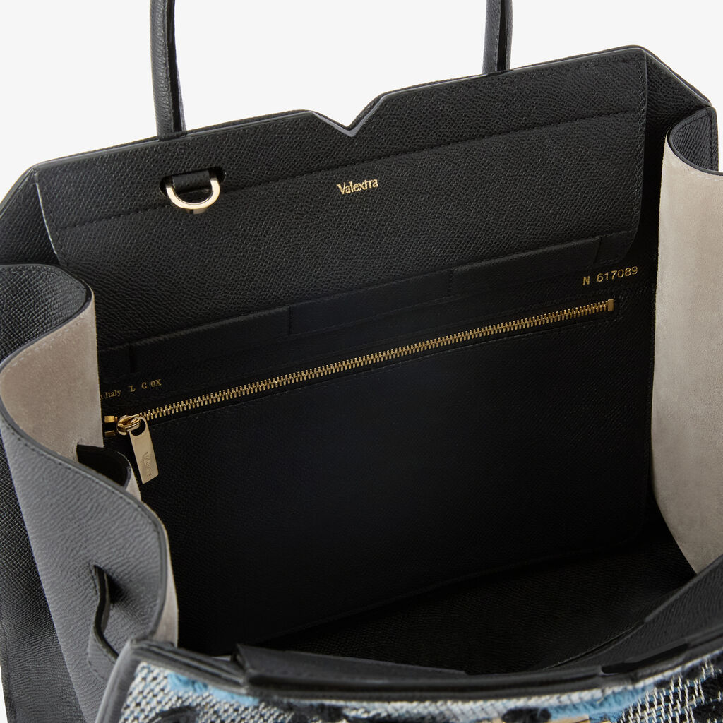 Milano Flower Pibiones Two Handles Medium Bag - Grey/Niagara Blue/Black - Pibiones  wool Fabric and Millepunte leather - Valextra - 3