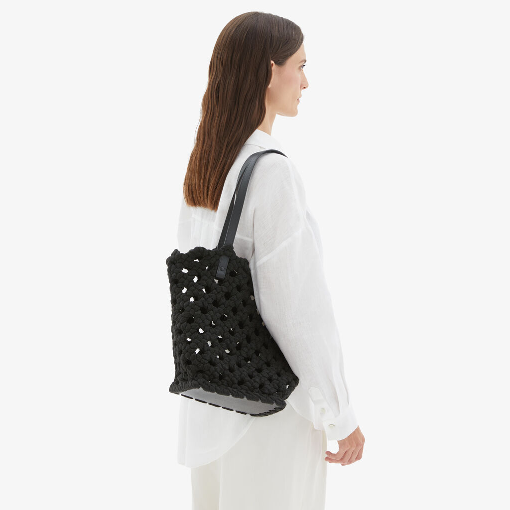 Sportami Via Shopping Bag - Black - Tessuto Intrecciato/Vitello VS - Valextra - 2
