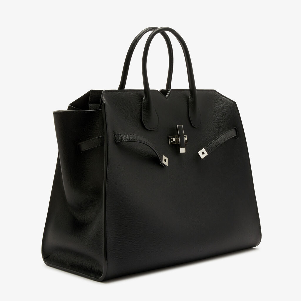 Milano Two Handles Large Bag - Black - Vitello Millepunte Soft - Valextra - 5