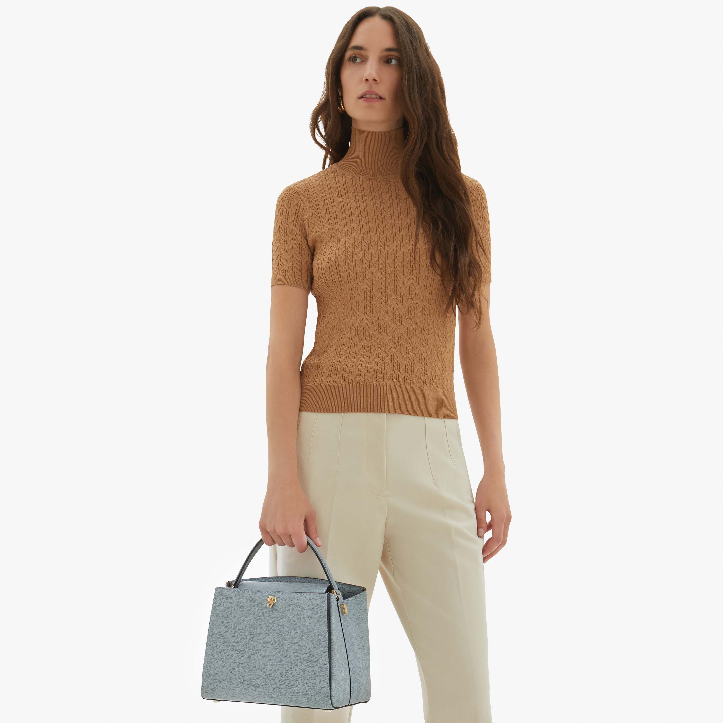 Valextra Brera Blue Leather Medium top handle bag