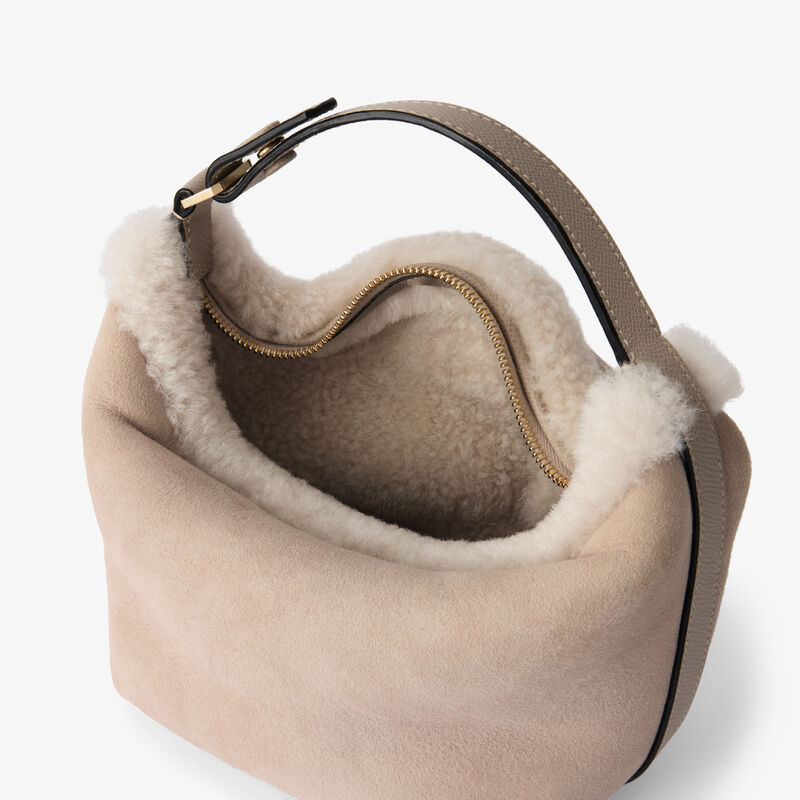 Mochi Suede Shearling Top Handle Mini Bag - Nude Pink - Montone Scamosciato/Vitello Millepunte Soft - Valextra - 3