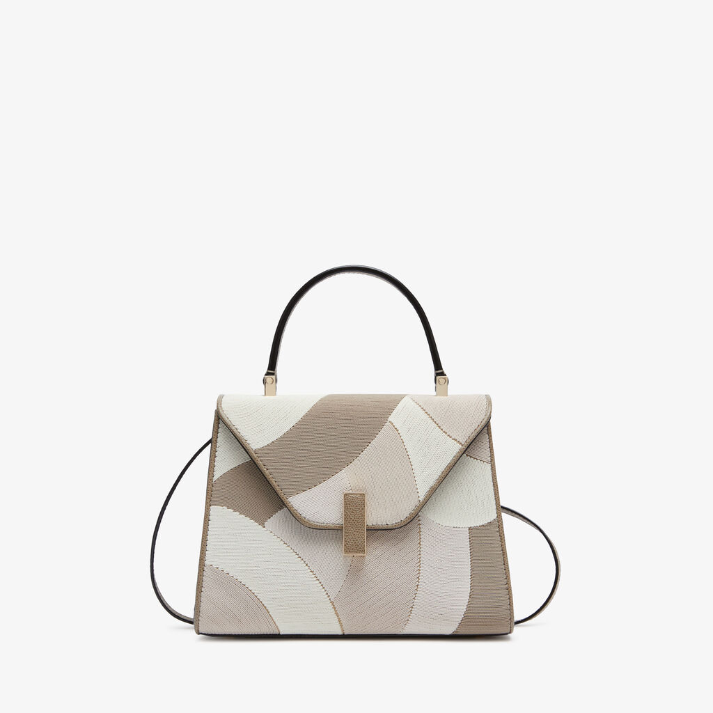 Iside Patchwork Top Handle Mini Bag - Oyster Brown/Beige Color Mix - Canvas Ricamo Coiling/Vitello VS - Valextra - 1