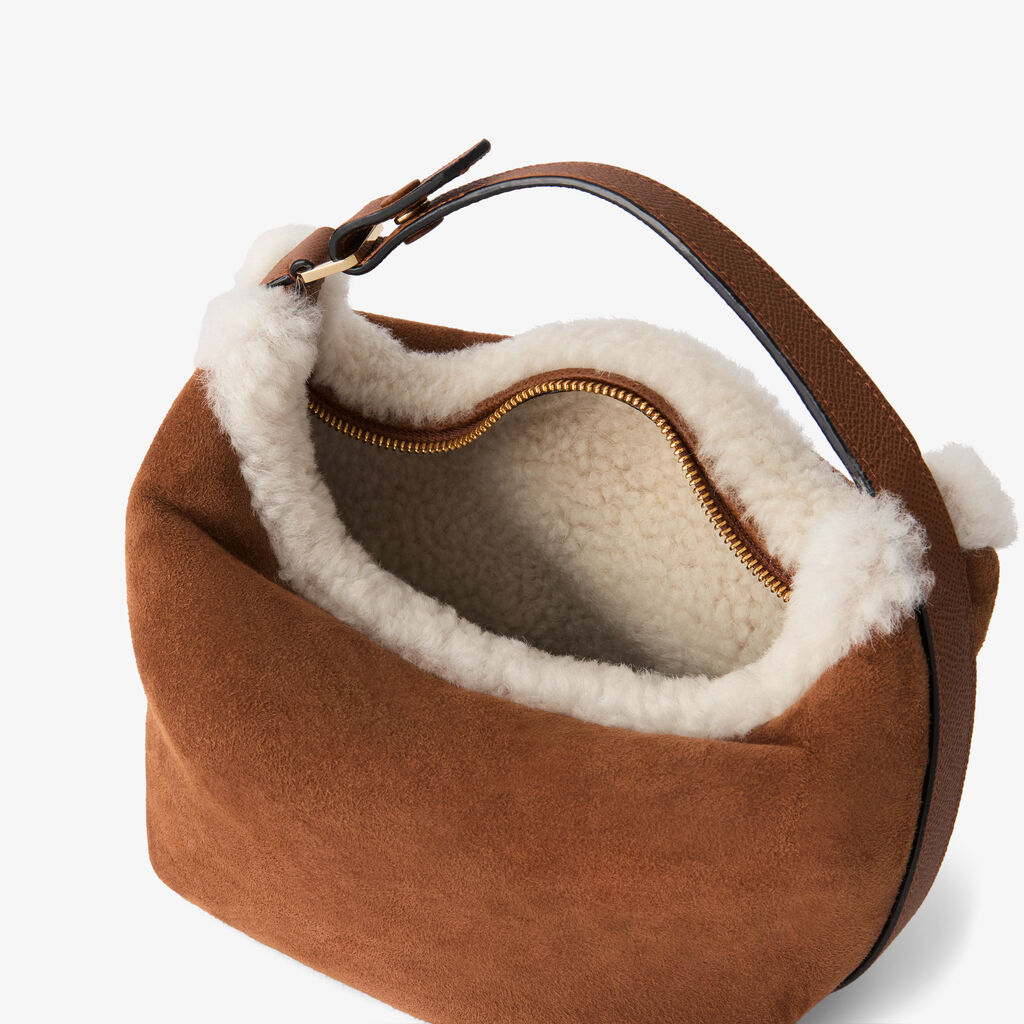 Mochi Suede Shearling Top Handle Mini Bag - Chocolate Brown - Montone Scamosciato/Vitello Millepunte Soft - Valextra - 3