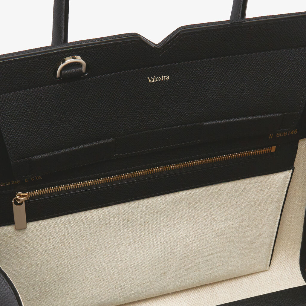 Milano Canvas Two Handles Medium Bag - Sand Brown/Black - Tessuto Canvas/Vitello Millepunte Soft - Valextra - 3