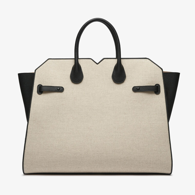 Milano Canvas Two Handles Large Bag - Sand Brown/Black - Natural Canvas and calf leather - Valextra - 6