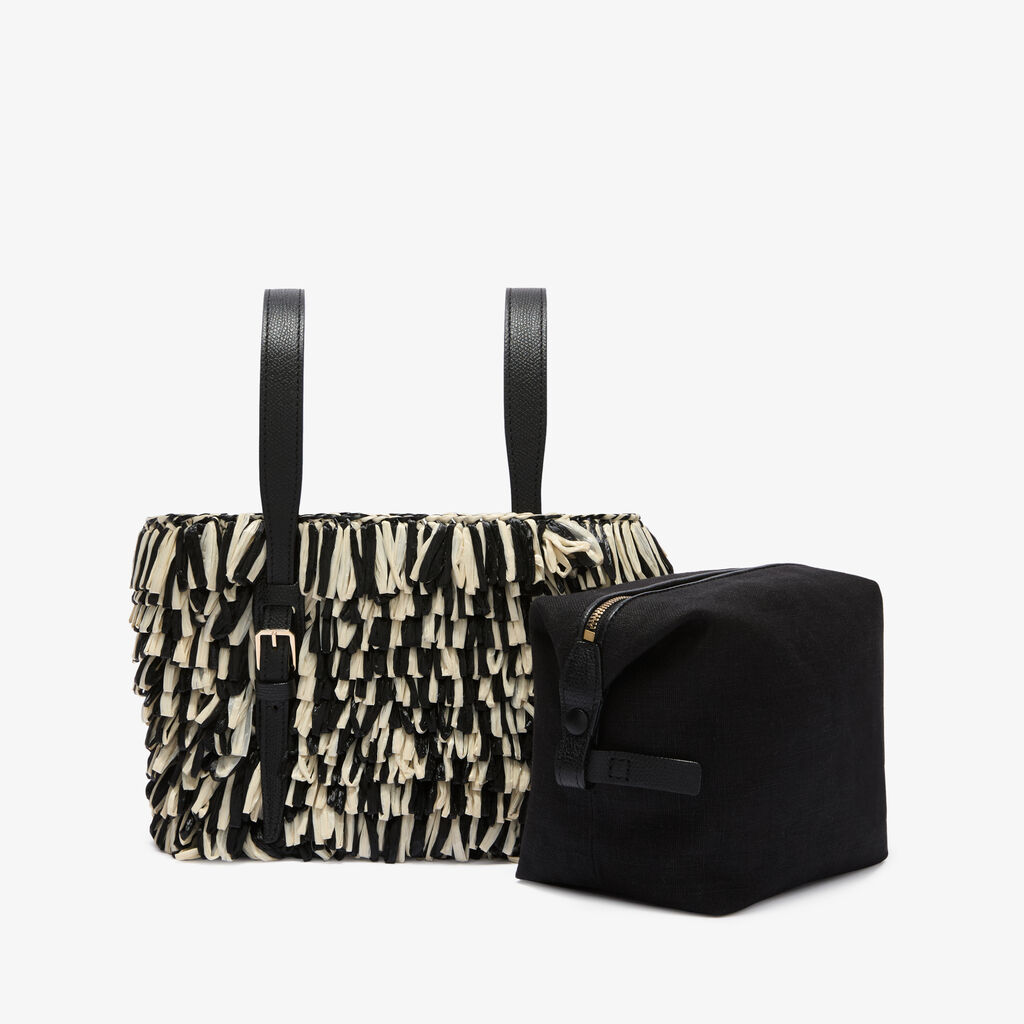 Soft Wavy Raffia Bucket Bag - Black/Pergamena White - Tessuto Punto Pelliccia/Vitello VS - Valextra - 2