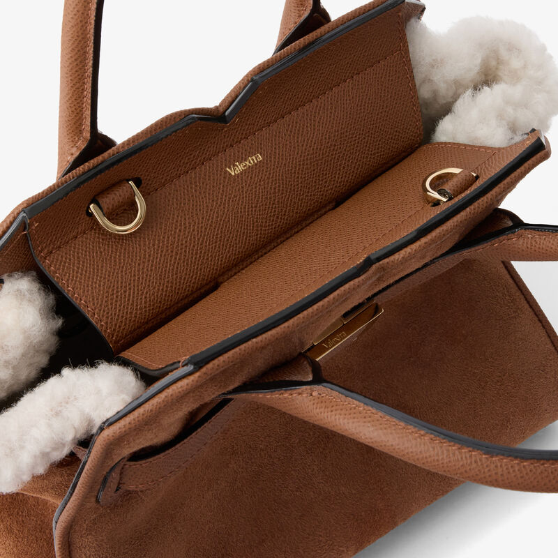 Milano Suede Shearling Two Handles Mini Bag - Chocolate Brown - Montone Scamosciato/Vitello Millepunte Soft - Valextra - 3