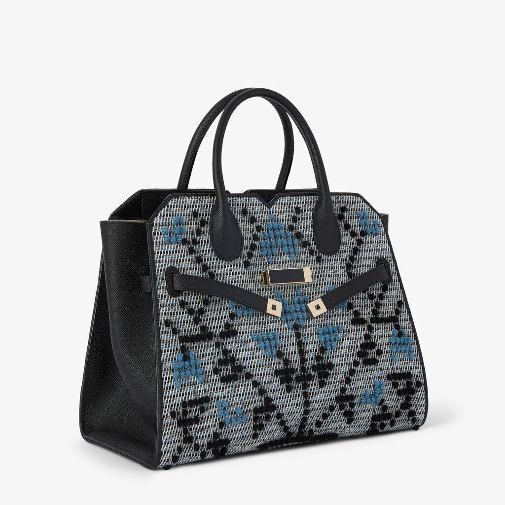 Milano Flower Pibiones Two Handles Medium Bag - Grey/Niagara Blue/Black - Pibiones  wool Fabric and Millepunte leather - Valextra - 5