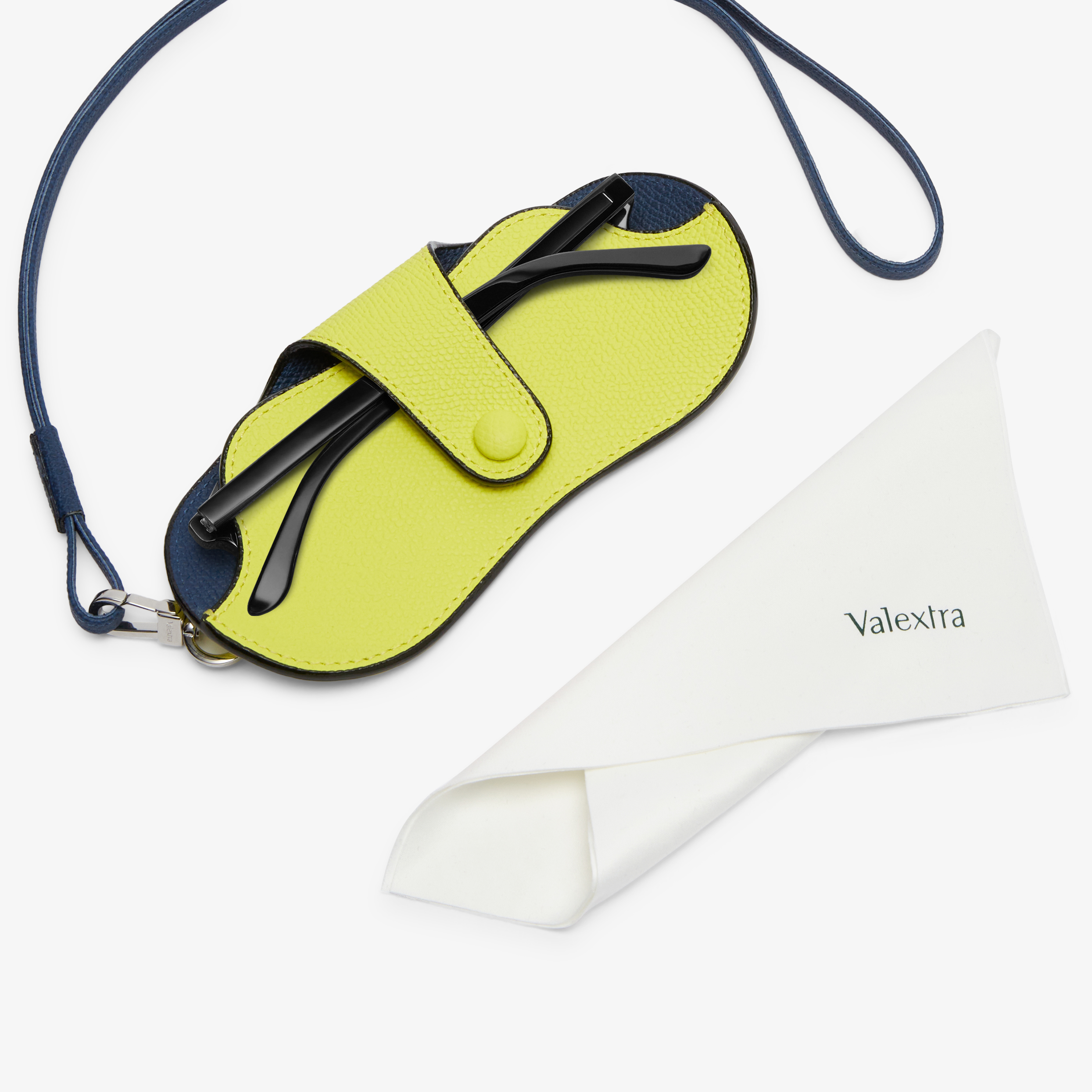 Lime Yellow & Blue Grained Leather Luxury glasses case | Valextra