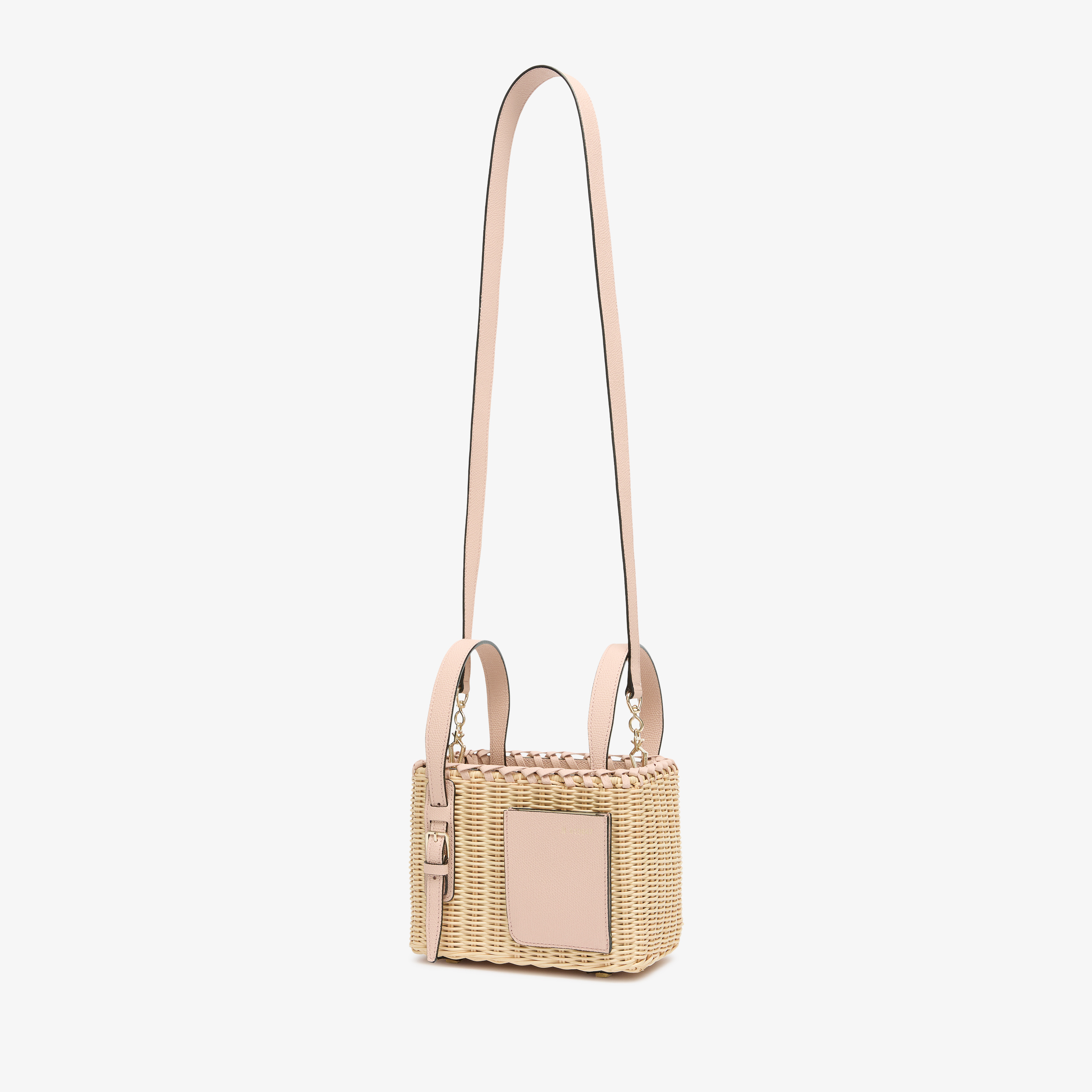 Womens Luxury Beige & Pink Wicker Bucket Micro Bag